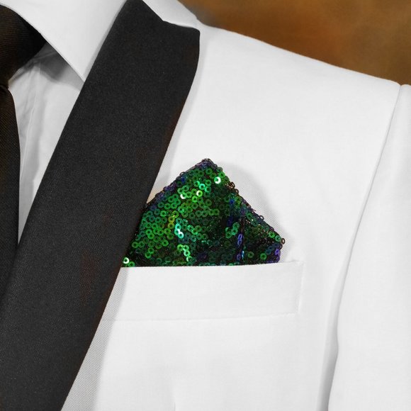 Men's Sequin Pre-Folded Pocket Square Insert - Iridescent Green & Blue - Picture 1 of 9